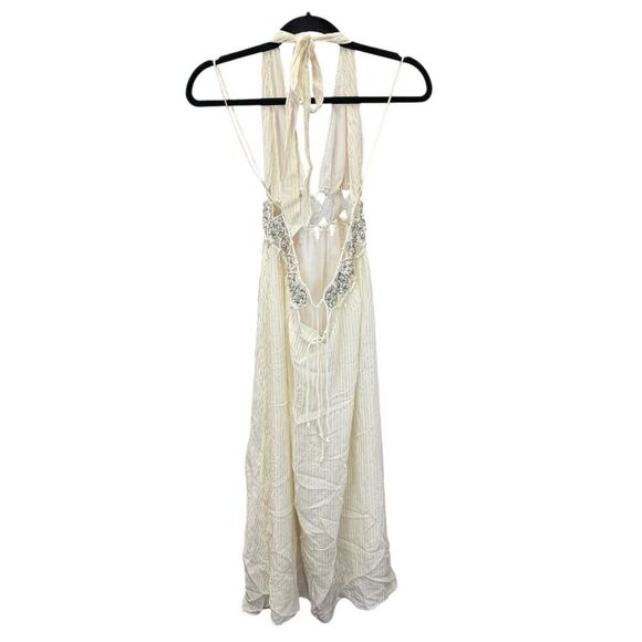 Zara White Gold Halter Maxi Dress Lurex Viscose Lace Waist Size S Limited - Picture 9 of 12